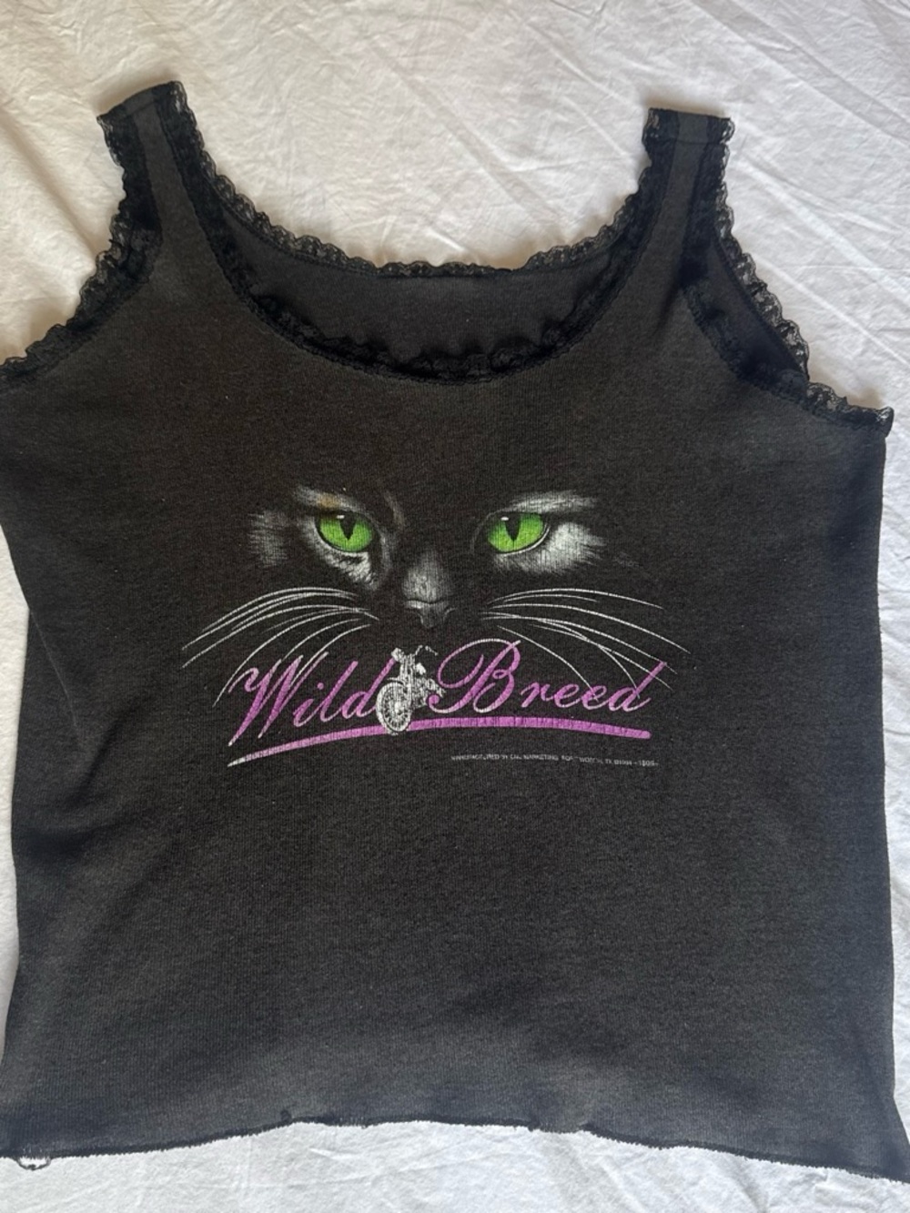 Harley-Davidson Black Tank Top with Green Cat Eyes and Purple Script
